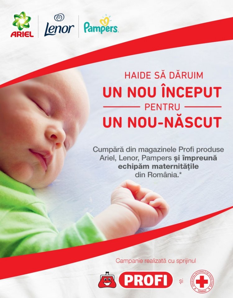 128 de pătuțuri noi și 10.450 de lenjerii de pat donate maternităților, din partea Crucii Roșii Române, P&G si PROFI
