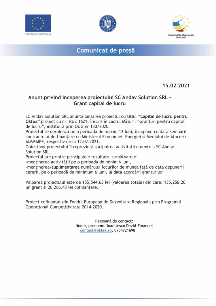 Anunt privind inceperea proiectului SC Andav Solution SRL – Grant capital de lucru