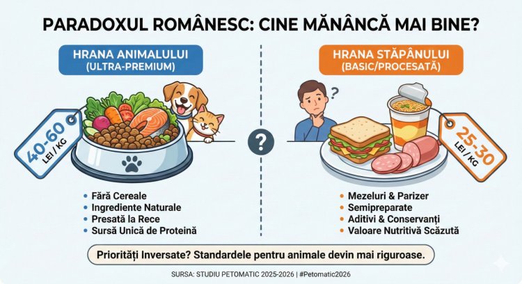 "Paradoxul Românesc": Românii cumpără hrană Premium pentru câini, dar Economic pentru ei. Analiză Petomatic